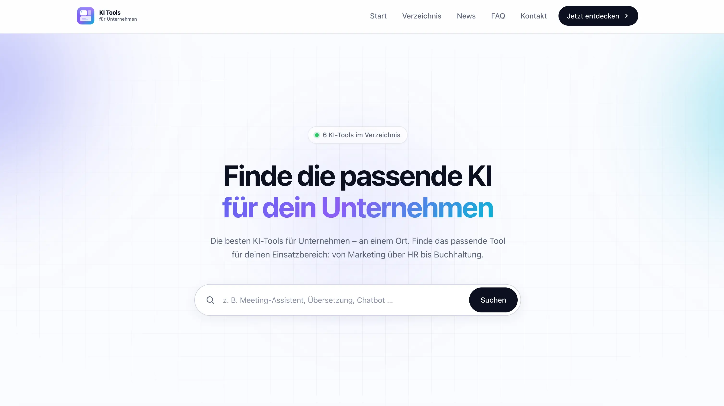 Screenshot von KI Tools für Unternehmen Website